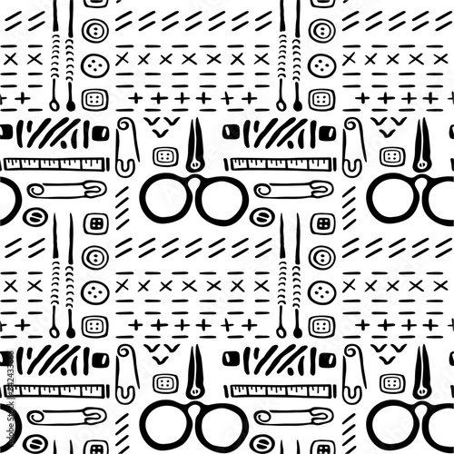 Small scissors and tailoring tools. Handmade seamless pattern. Vector Illustration