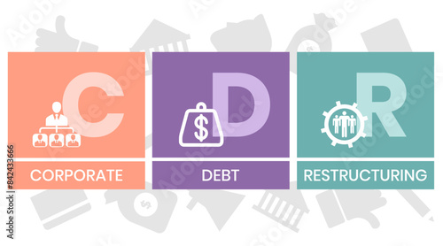 CDR. CORPORATE DEBT RESTRUCTURING acronym. Concept with keyword and icons. Flat vector illustration. Isolated on white.