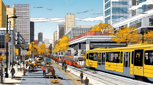 Autumn cityscape with yellow tram and blue sky - 3d rendering