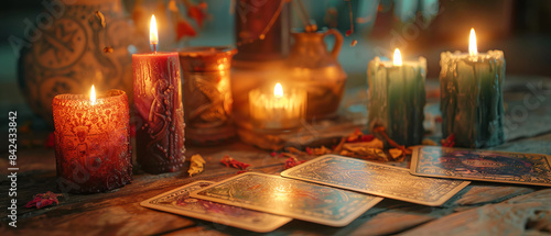 Tarot cards and candles arranged in a mystic atmosphere