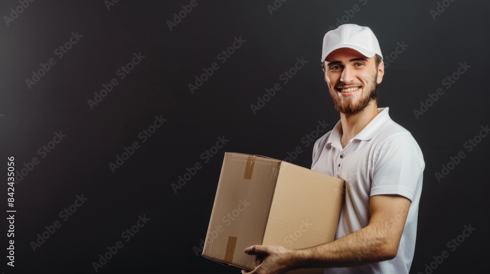 Smiling Delivery Man Holding a Cardboard Box against an Black Background Smiling Delivery Man Holding a Cardboard Box against an Black Background