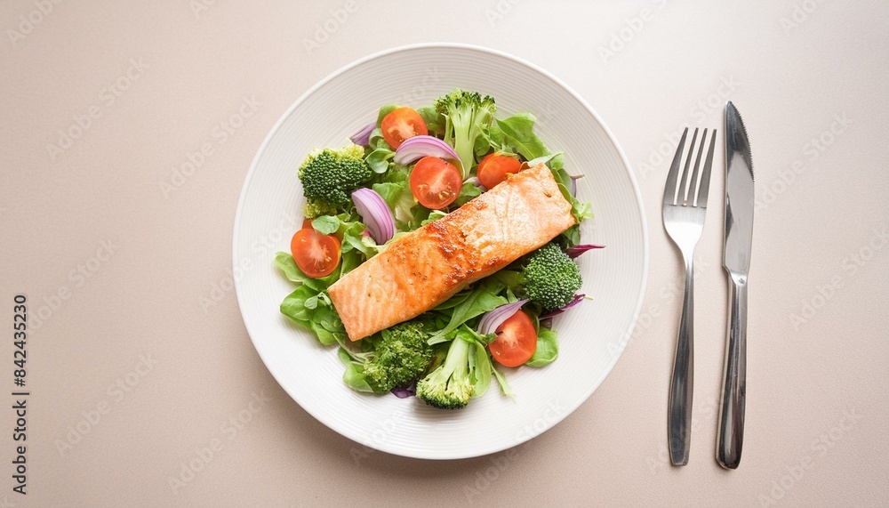 Healthy ketogenic lunch featuring grilled salmon fillet green leafy salad with tomatoes onion and broccoli Top view Healthy ketogenic lunch featuring grilled salmon fillet green leafy salad with tomatoes onion and broccoli Top view