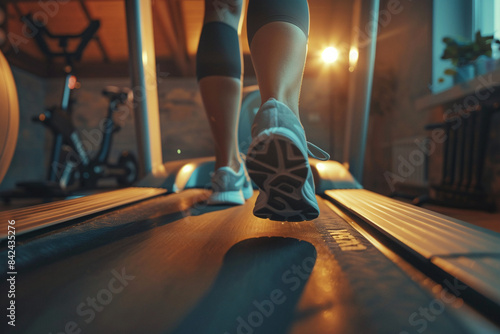 Woman runs on treadmill. Only the exercise equipment and legs are visible. Health preservation concept © CozyDigital