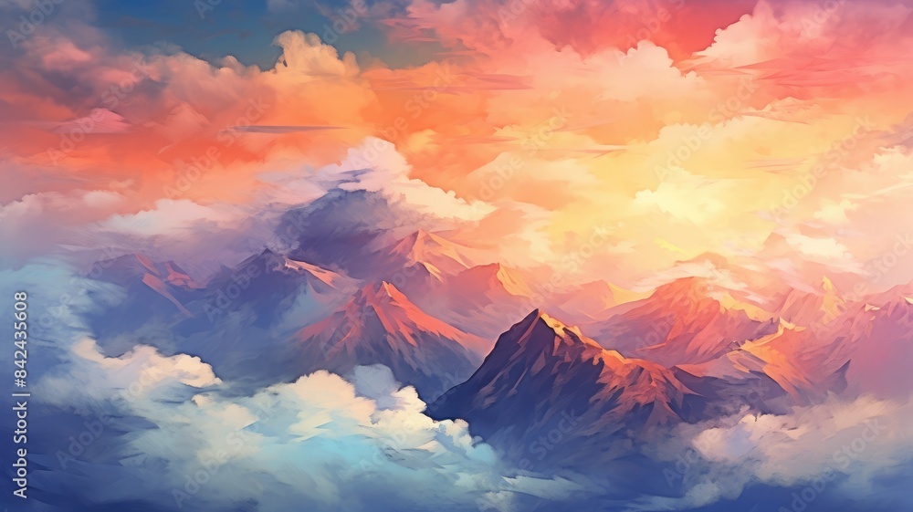 Abstract painted sky with vibrant cloud colors. Twilight sky in sunset with pastel watercolor and fantasy cloud background. Artistic background with a blend of pink, blue, and orange hues. AIG35.