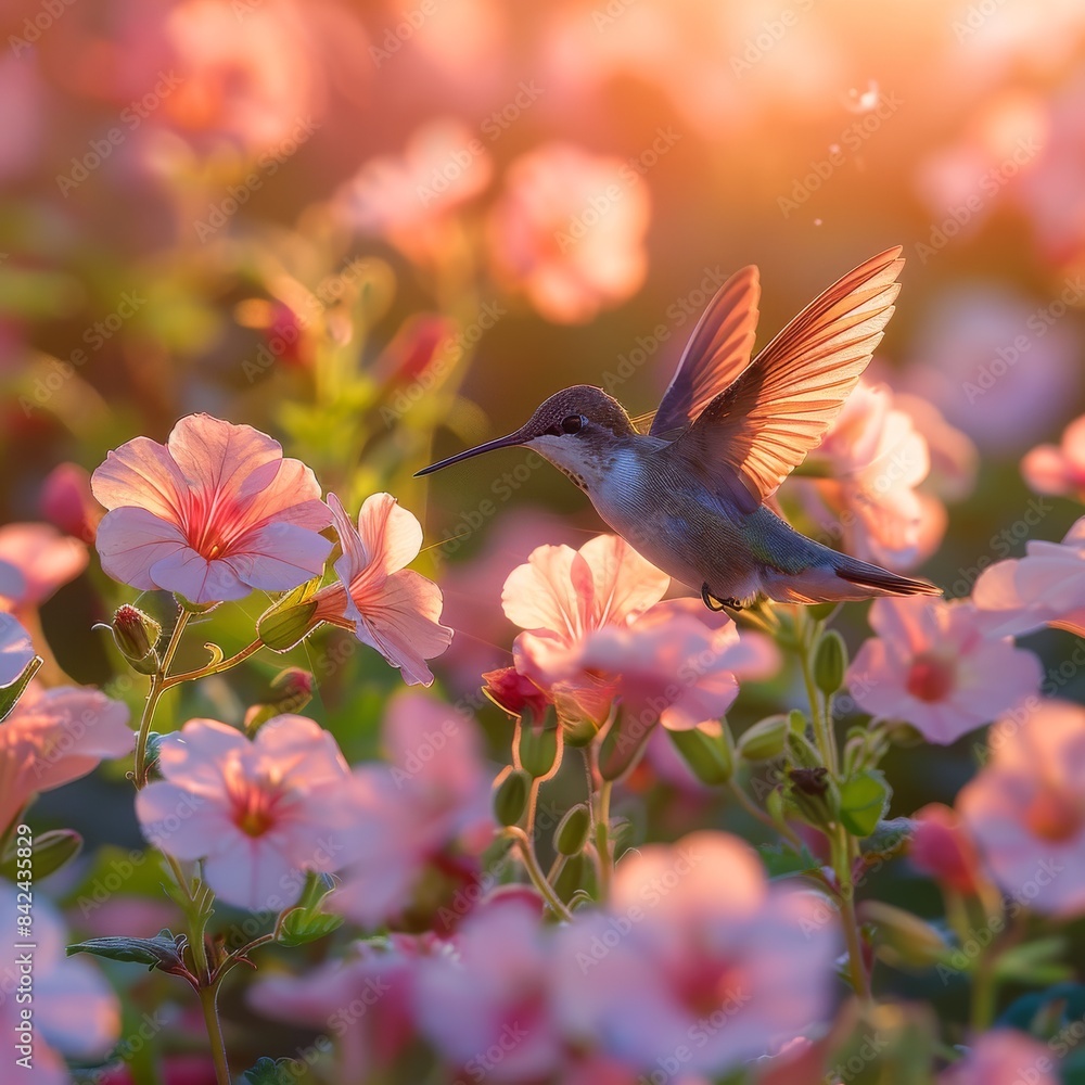 Fototapeta premium Serene Geranium Field with Hummingbird on Sunny Afternoon | Vibrant 8k HD Realistic Nature Scene without People