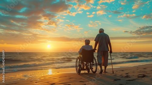 Obraz na płótnie An elderly couple, one in a wheelchair and the other with a cane, smile at a beautiful beach sunset. w salonie