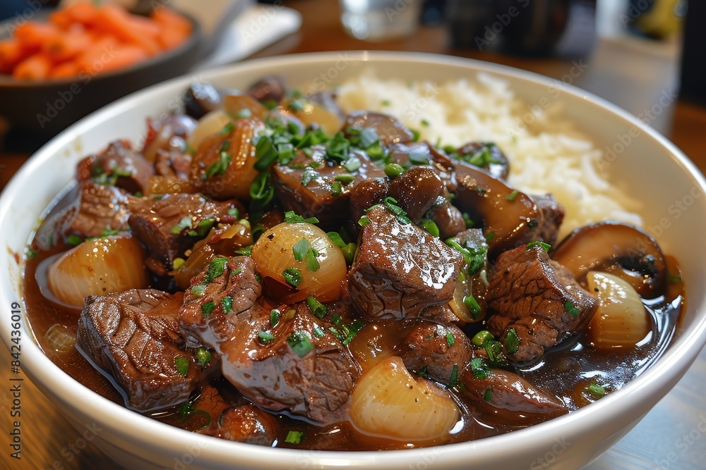 Beef Bourguignon A bowl of Beef Bourguignon with tender beef chunks in a rich red wine sauce, accompanied by mushrooms, carrots, and pearl onions. Beef Bourguignon A bowl of Beef Bourguignon with tender beef chunks in a rich red wine sauce, accompanied by mushrooms, carrots, and pearl onions.