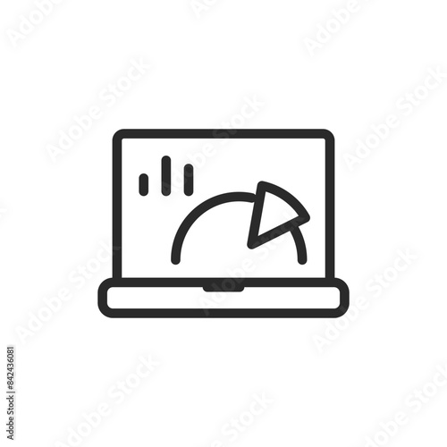 Studying metrics and statistics on laptop, linear style icon. Laptop with charts and diagrams on screen. Editable stroke width