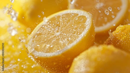 Lemon slices water drops concept yellow, sunny vitamin c citrus aromatherapy