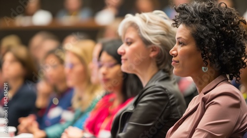 Women different ages ethnicities sitting in conference room listening to presentation about womens health, community motivation diversity achievement