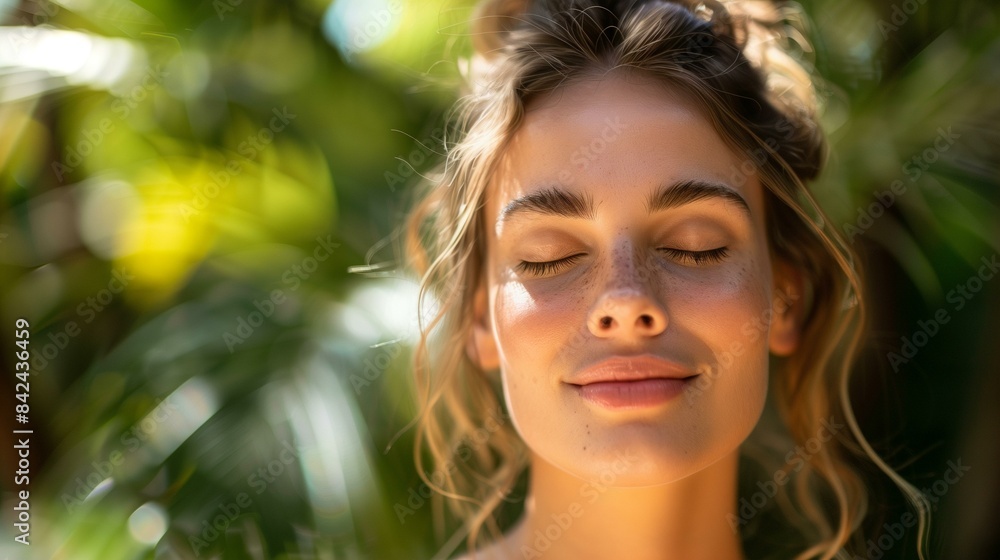 Serene woman with eyes closed enjoying sunlight in lush green environment, happy calm Serene woman with eyes closed enjoying sunlight in lush green environment, happy calm