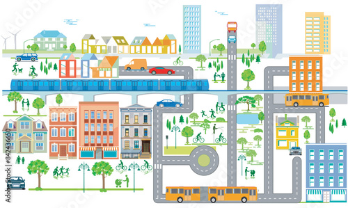 Stadtübersicht mit Verkehr und Häusern, Information illustration