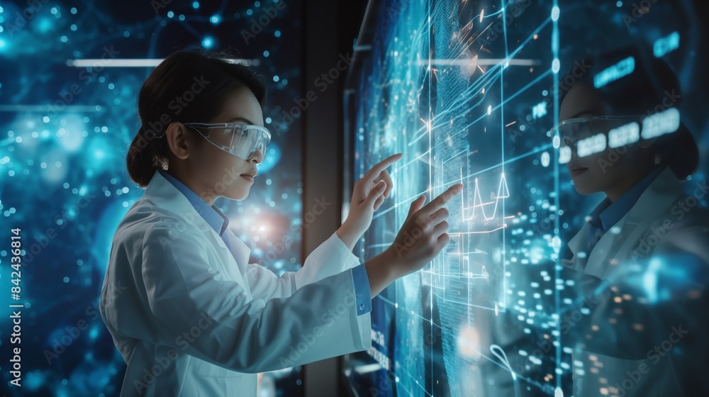 A professional with obscured face examining a high-tech digital screen with graphs and data A professional with obscured face examining a high-tech digital screen with graphs and data