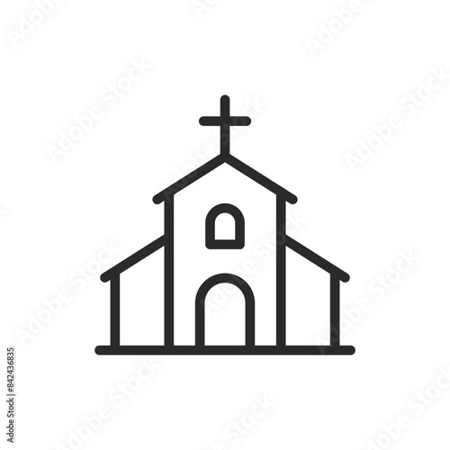 Church building icon. A building with a cross, representing religion and worship. Line with editable stroke.