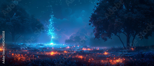 The dark forest illuminated by a single vibrant bioluminescent mushroom standing tall © Starkreal