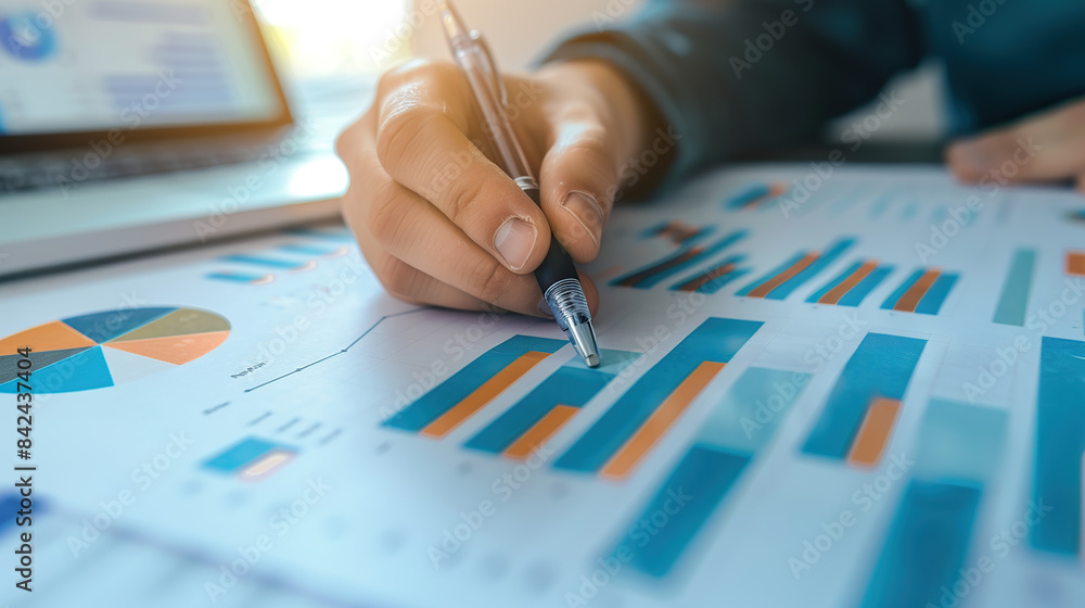 Closeup of hands holding pen and analyzing financial charts on the paper Closeup of hands holding pen and analyzing financial charts on the paper