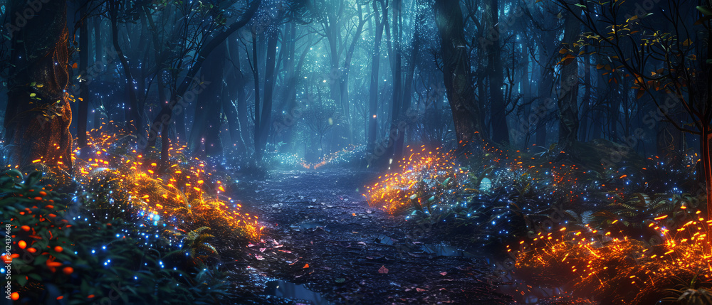 The dark forest illuminated by the vibrant glow of a tall bioluminescent mushroom The dark forest illuminated by the vibrant glow of a tall bioluminescent mushroom