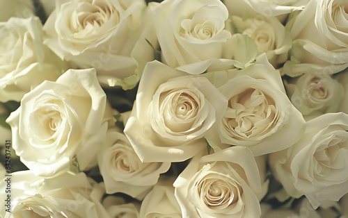 An overhead shot of a bridal bouquet featuring white roses  highlighting their classic beauty and timeless appeal