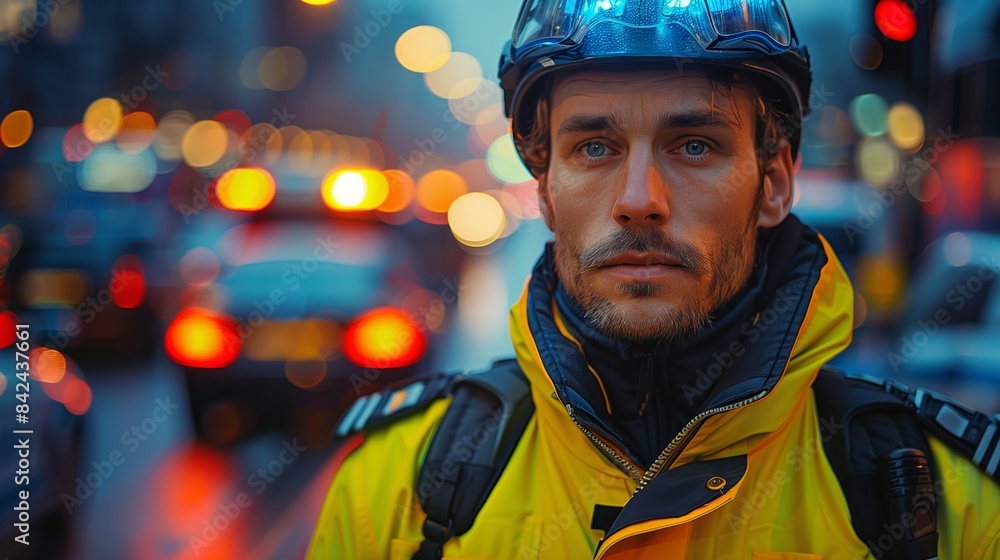 Police Officer Standing on Duty in City at Night Police Officer Standing on Duty in City at Night