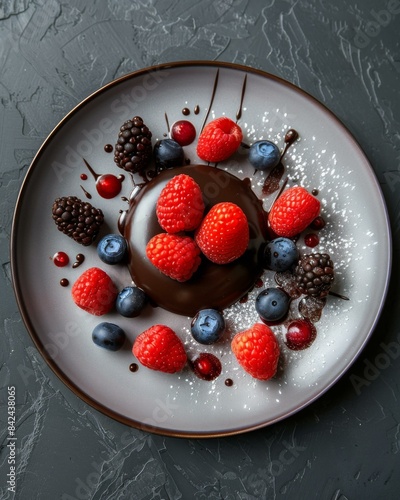 Decadent chocolate dessert with fresh berries and artistic edible decorations. AI.