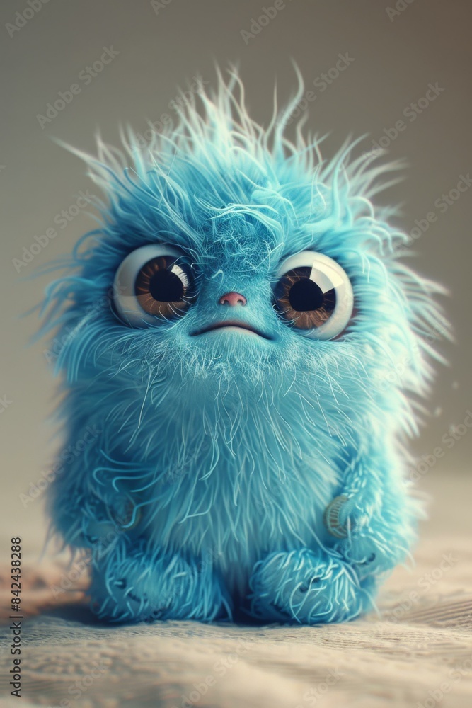 A cute blue fluffy creature with big eyes. AI.
