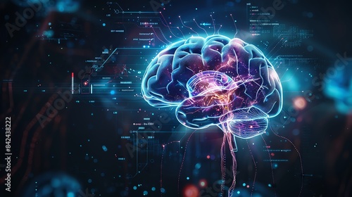 Wallpaper Mural A glowing digital human brain with a dark blue background and abstract data. Torontodigital.ca