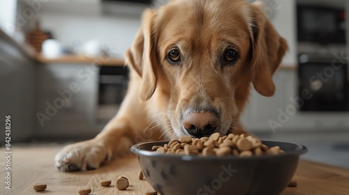 A golden retriever dog eats from a bowl of kibble in a kitchen.