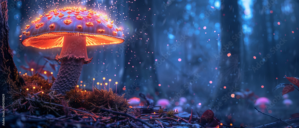 The vibrant light of a bioluminescent mushroom illuminating the dark forest The vibrant light of a bioluminescent mushroom illuminating the dark forest