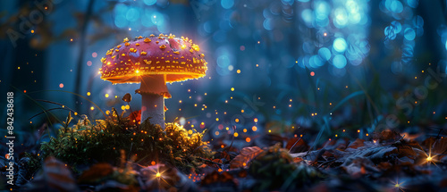 The vibrant light of a bioluminescent mushroom illuminating the dark forest