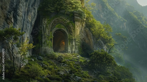 a grand entrance to an ancient vault on a side of a mountain © zipop