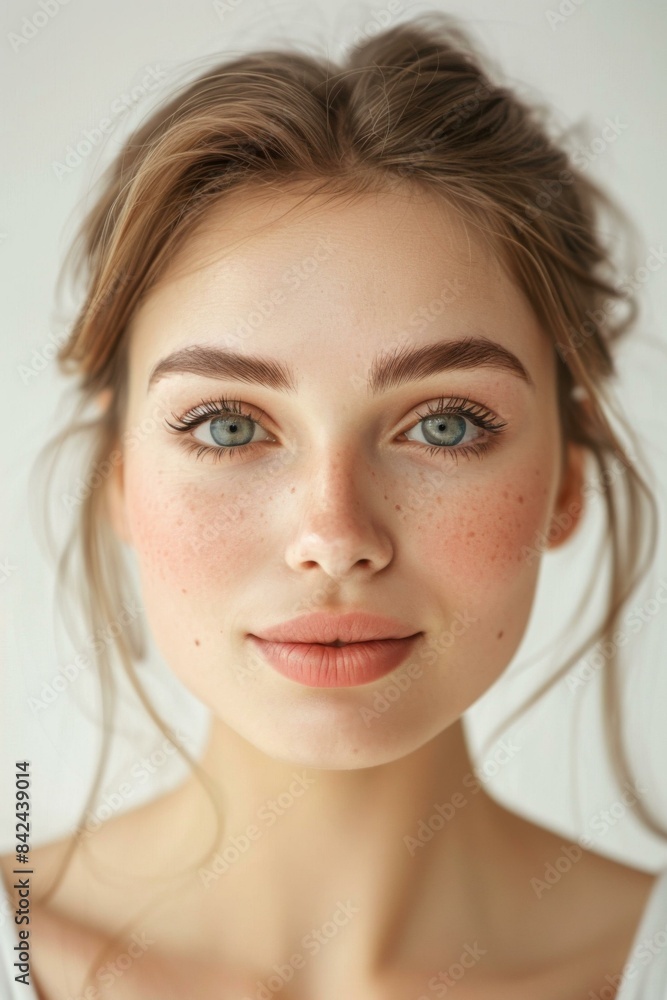 Portrait of a young woman with freckles and green eyes. AI. Portrait of a young woman with freckles and green eyes. AI.