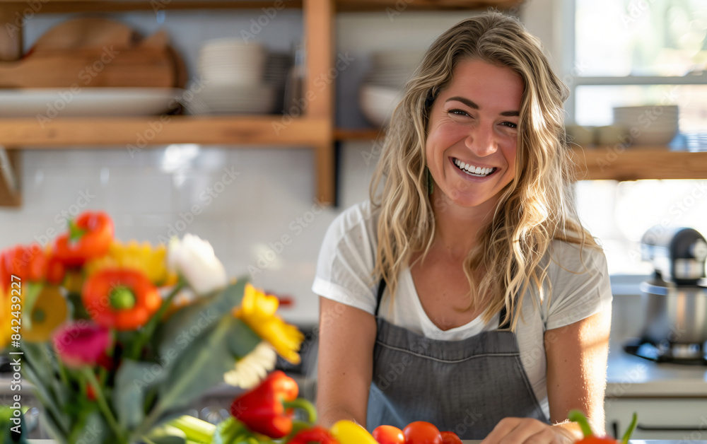 Smiling woman prepping food in a bright kitchen surrounded by fresh ingredients Smiling woman prepping food in a bright kitchen surrounded by fresh ingredients
