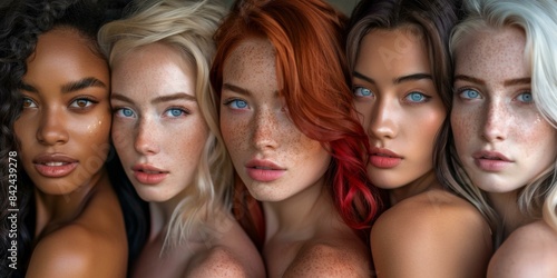 Close-up of a multi-ethnic group of young women with different hair colors and skin tones. AI.