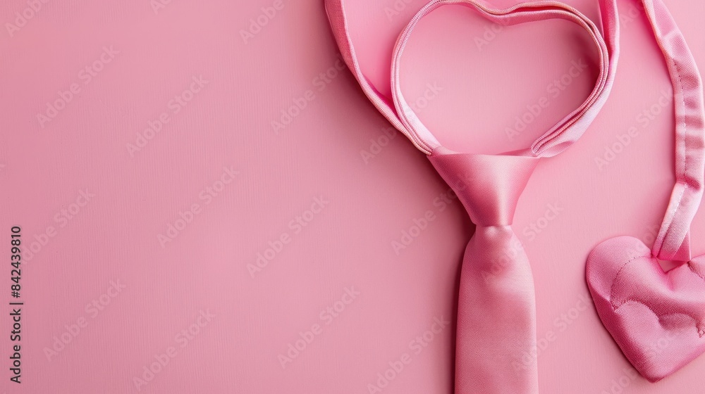 Father's day composition A necktie in a heart shape on a pink background. Top view. Flat lay with space for Father's day composition A necktie in a heart shape on a pink background. Top view. Flat lay with space for