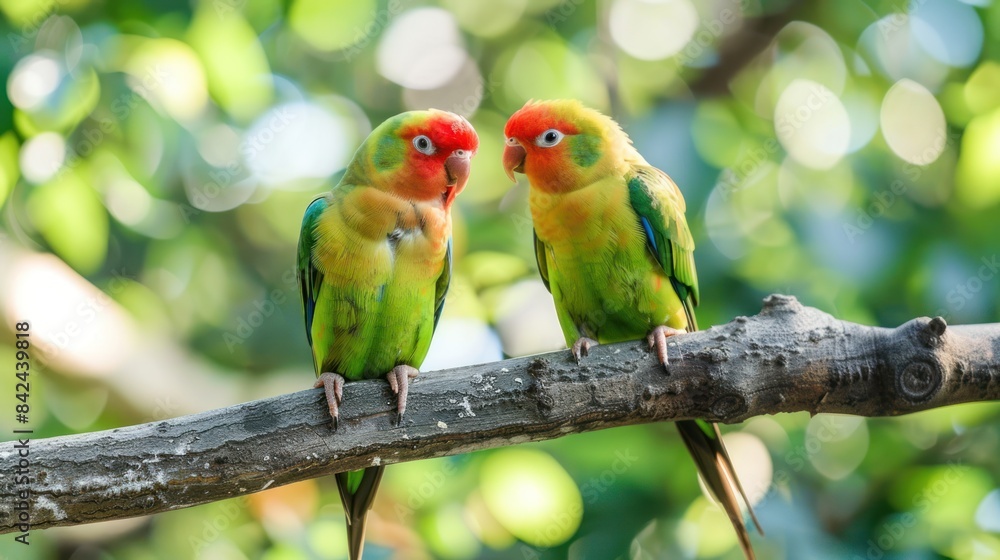 A pair of lovebirds are perched on a tree branch A pair of lovebirds are perched on a tree branch