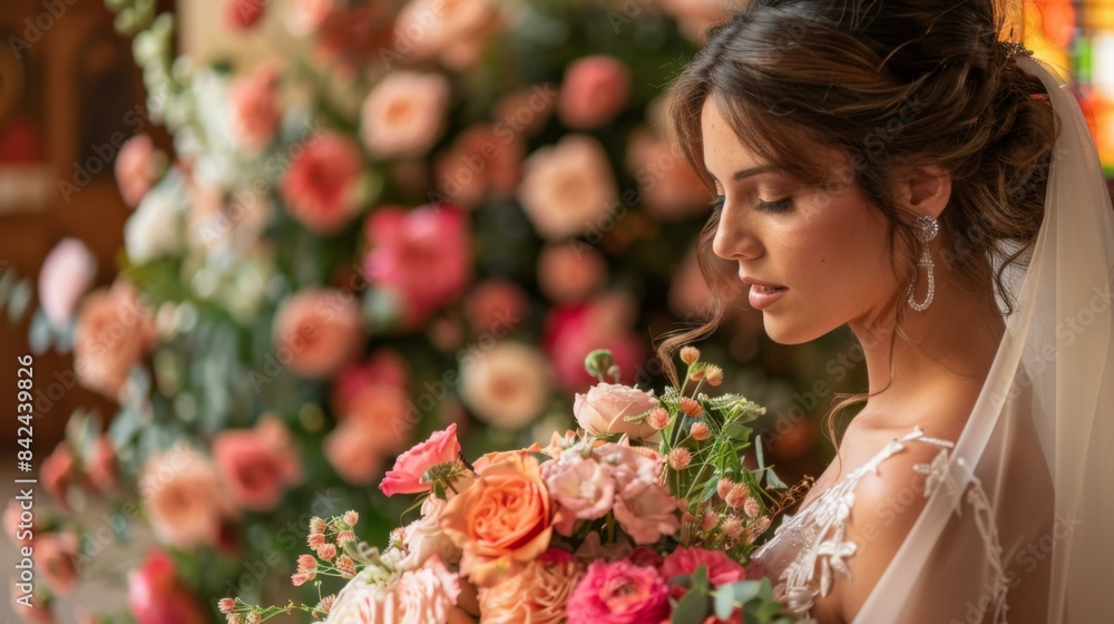 A bride holds a bouquet of flowers on her wedding day. AI. A bride holds a bouquet of flowers on her wedding day. AI.