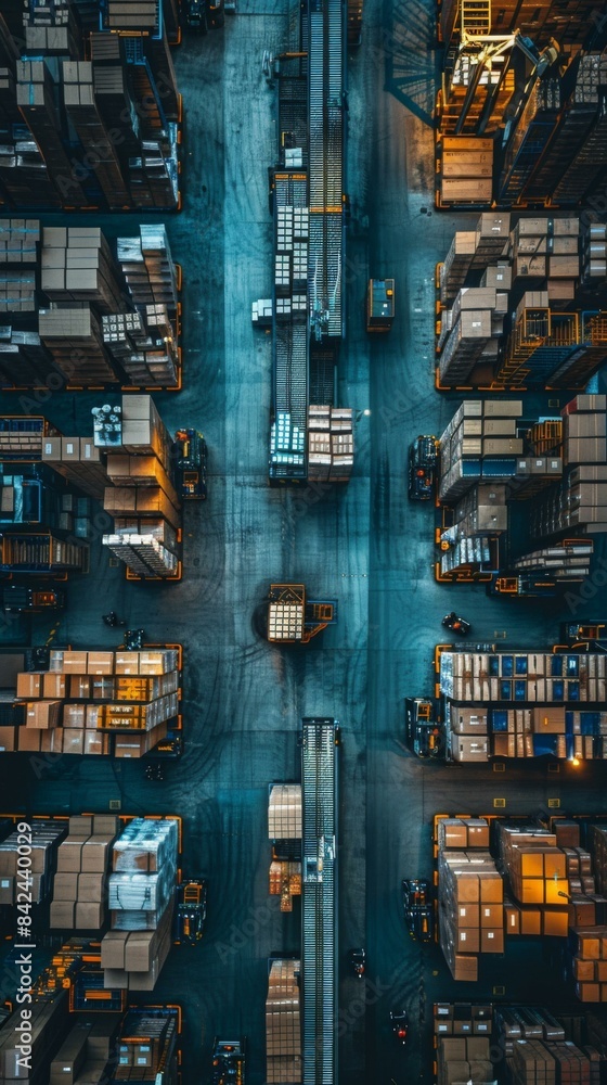 Top view of a modern warehouse with forklifts and workers. AI. Top view of a modern warehouse with forklifts and workers. AI.