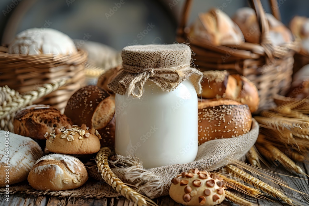 Rustic Bakery Display with Fresh Breads, Milk Bottle, and Wheat for Culinary Decor Rustic Bakery Display with Fresh Breads, Milk Bottle, and Wheat for Culinary Decor