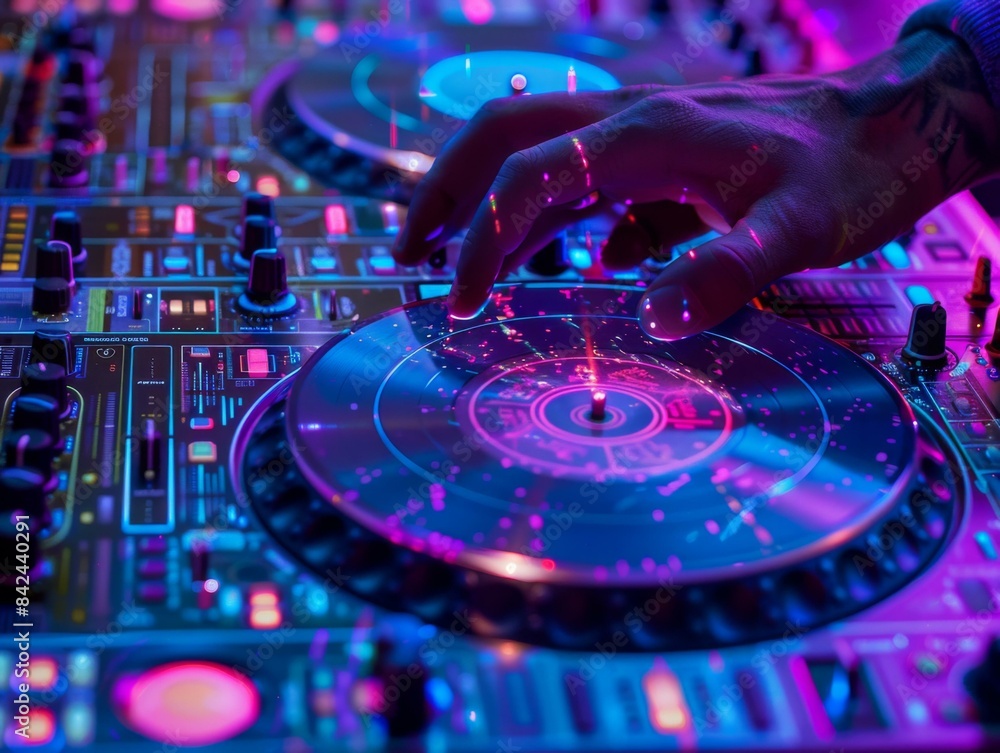 Obraz premium A DJ's hand is shown using a turntable. AI.