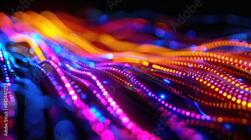 Abstract Bright LED Screen with Colorful Glowing Threads on Black Background