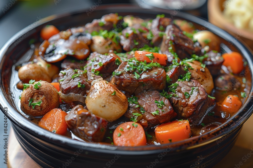 Beef Bourguignon A bowl of Beef Bourguignon with tender beef chunks in a rich red wine sauce, accompanied by mushrooms, carrots, and pearl onions. Beef Bourguignon A bowl of Beef Bourguignon with tender beef chunks in a rich red wine sauce, accompanied by mushrooms, carrots, and pearl onions.