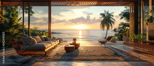 Tropical residence with a breezy lanai and stunning sunset view, octane render, 32k, UHD