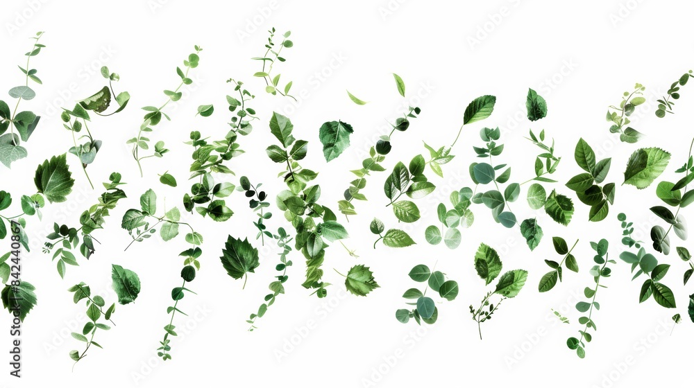 A variety of green leaves in different shapes and sizes gracefully flutter on a long white banner, some whole and others fragmented, creating a dynamic composition A variety of green leaves in different shapes and sizes gracefully flutter on a long white banner, some whole and others fragmented, creating a dynamic composition