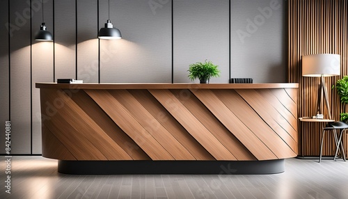 hotel reception counter or frontdesk made out of wood and dark metal photo