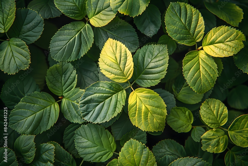 Lush Green Foliage Detailed Close-Up of Vibrant Leaf Patterns, Ideal for Nature and Environmental Design