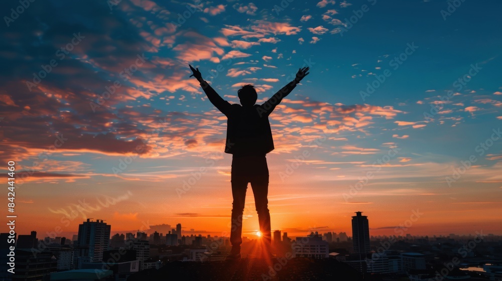 Fototapeta premium A silhouette of a victorious person against a cityscape