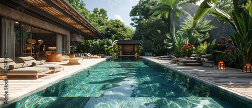 Tropical residence with a large pool deck and sun loungers, octane render, 32k, UHD