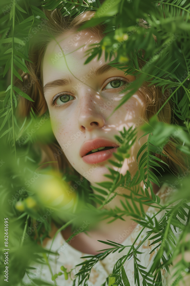 Portrait of a young, pretty, blonde-haired woman. A girl among spring green plants. Light fresh colors. Spring, green leaves. Сoncept of ecology, environmental protection. Natural cosmetics ads. Portrait of a young, pretty, blonde-haired woman. A girl among spring green plants. Light fresh colors. Spring, green leaves. Сoncept of ecology, environmental protection. Natural cosmetics ads.