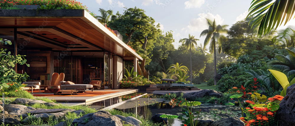 Tropical residence with a modern exterior and tropical landscaping, octane , , Tropical residence with a modern exterior and tropical landscaping, octane , ,