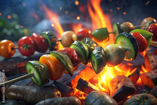 Close-up of assorted vegetables being grilled on skewers over an open fire , Grilled, vegetables, cooking, fire, skewers, barbecue, healthy, meal, vegetarian, preparation, outdoor photo